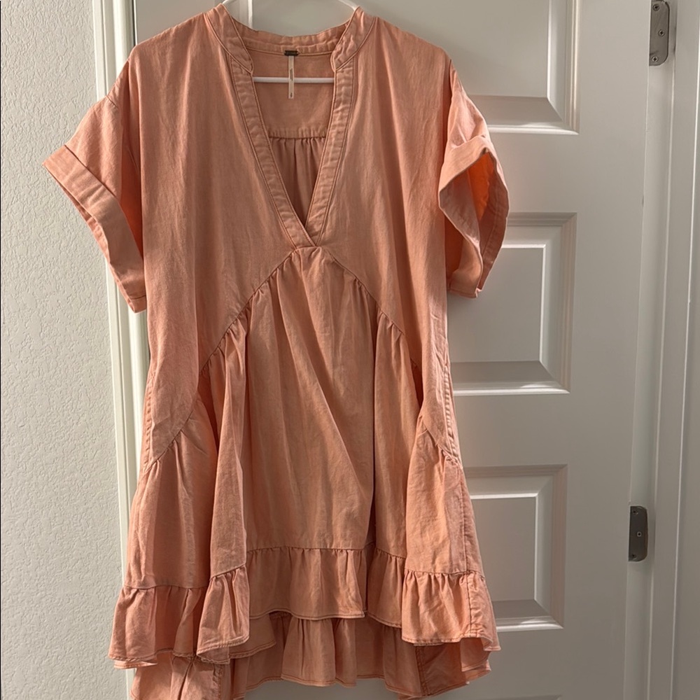 Peach V-Neck Ruffle Hem Top